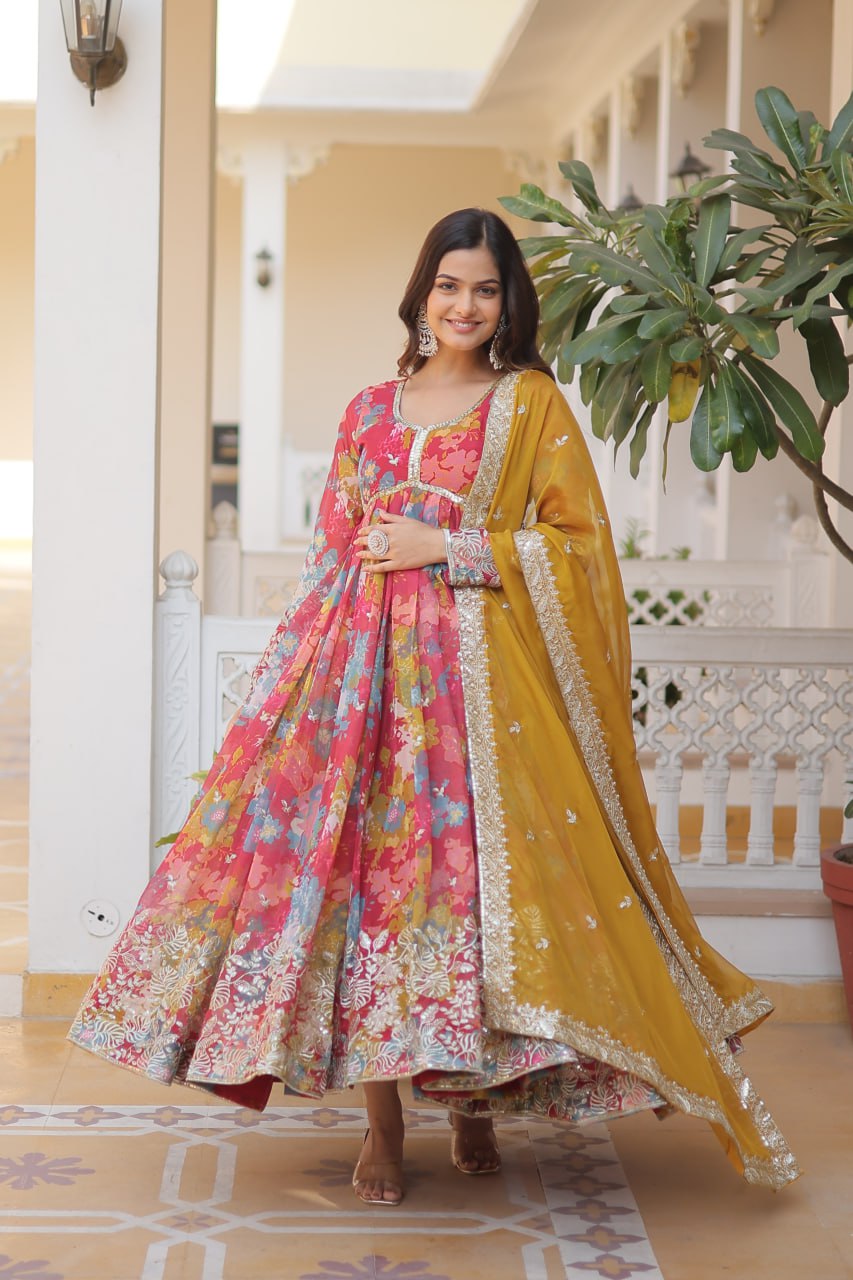 Wonderful Pink Color Printed Gown With Cream Dupatta