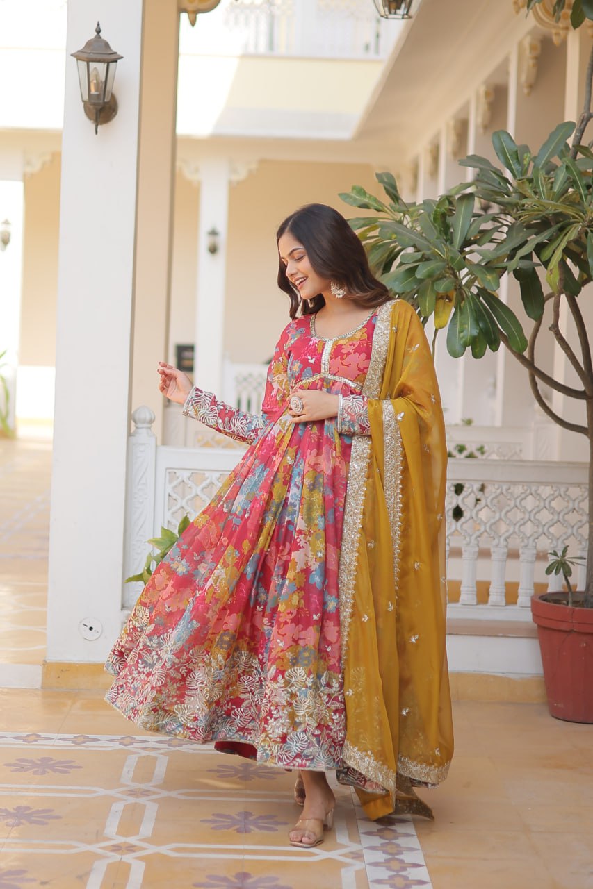 Wonderful Pink Color Printed Gown With Cream Dupatta