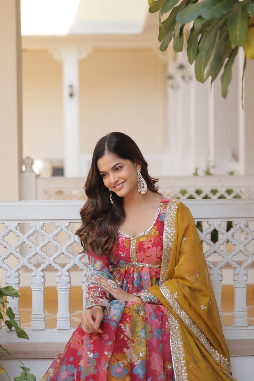 Wonderful Pink Color Printed Gown With Cream Dupatta