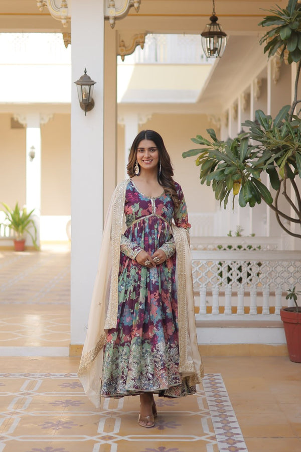 Wonderful Wine Color Printed Gown With Cream Dupatta