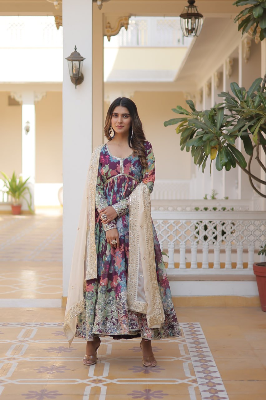 Wonderful Wine Color Printed Gown With Cream Dupatta