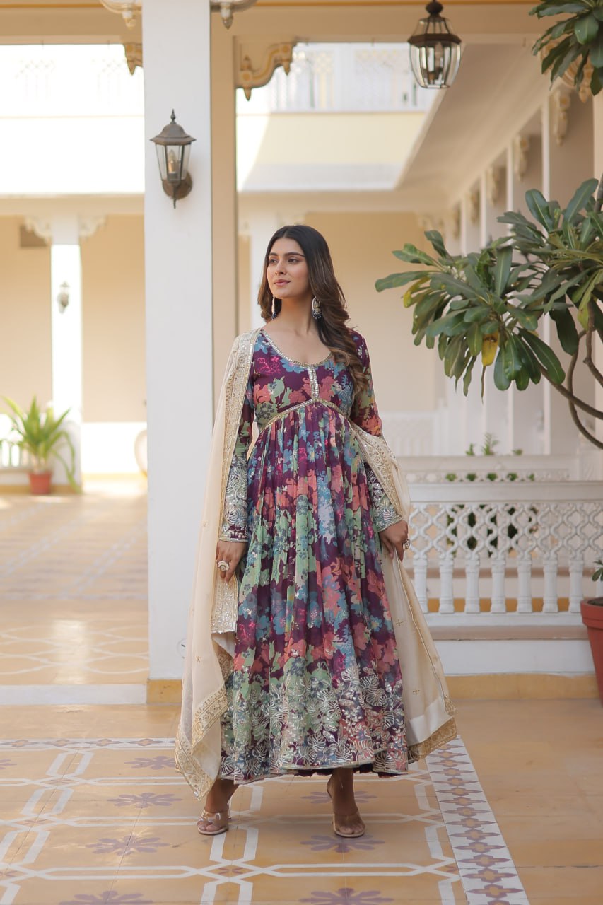 Wonderful Wine Color Printed Gown With Cream Dupatta