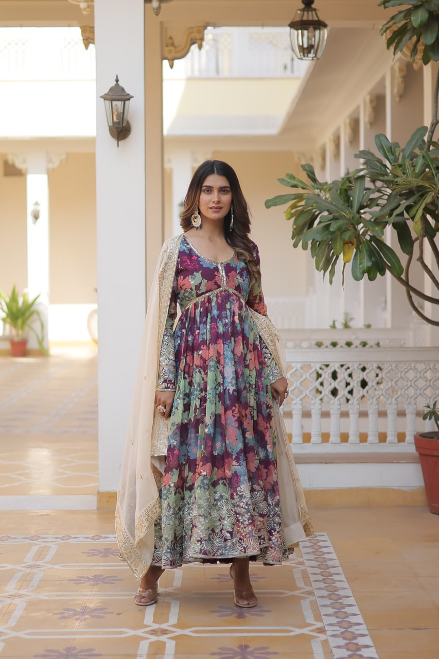 Wonderful Wine Color Printed Gown With Cream Dupatta