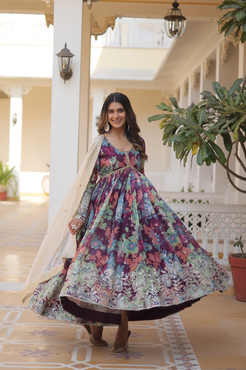 Wonderful Wine Color Printed Gown With Cream Dupatta