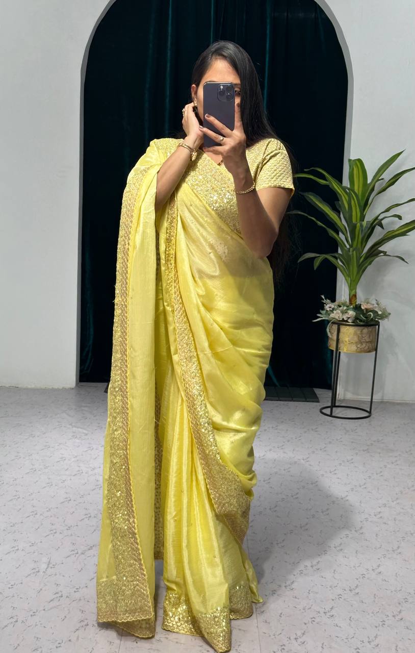 Haldi Function Wear Yellow Color Zari Work Saree