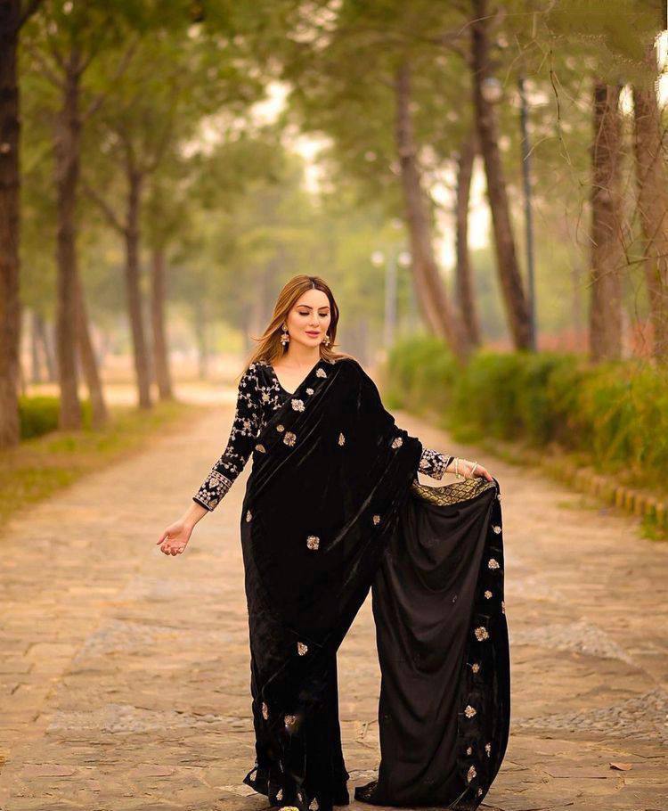 Stunning Black Color Embroidery Work Velvet Saree
