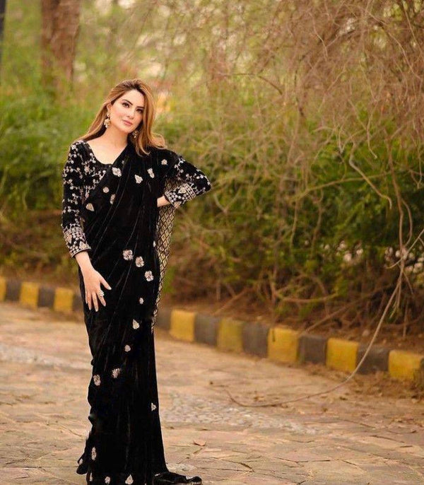 Stunning Black Color Embroidery Work Velvet Saree