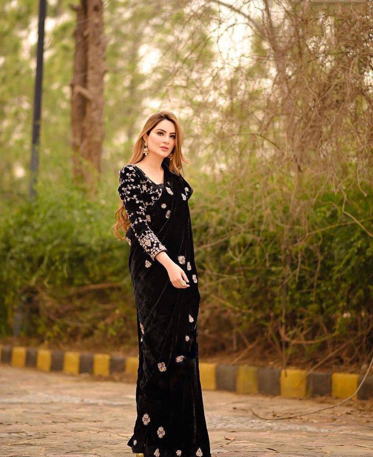 Stunning Black Color Embroidery Work Velvet Saree