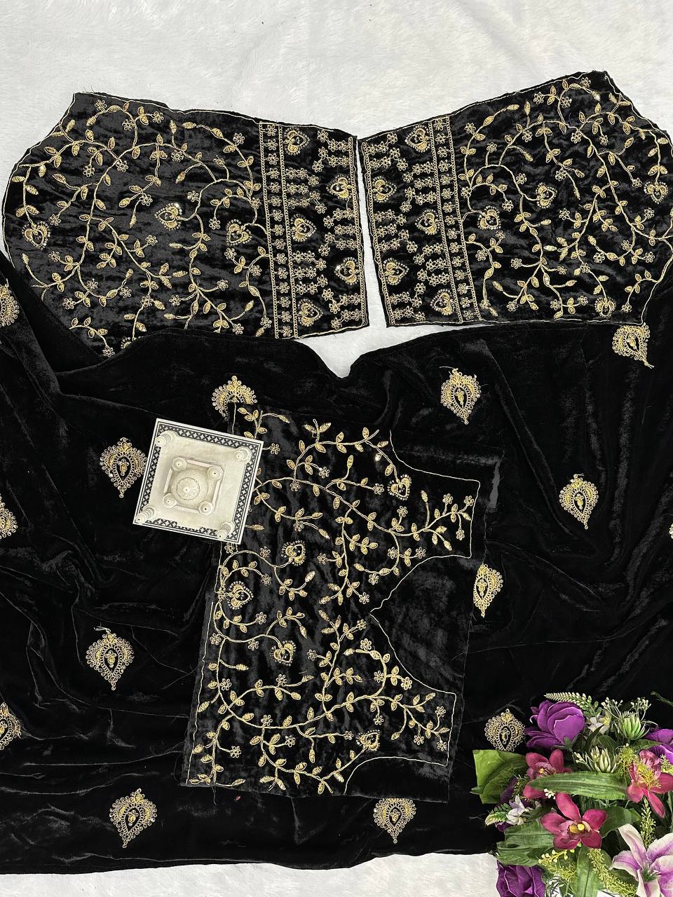Stunning Black Color Embroidery Work Velvet Saree