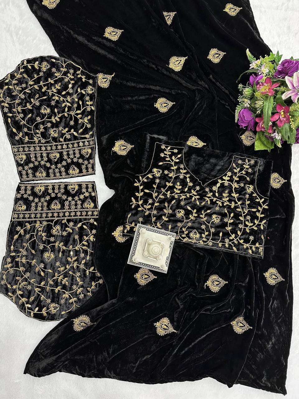 Stunning Black Color Embroidery Work Velvet Saree