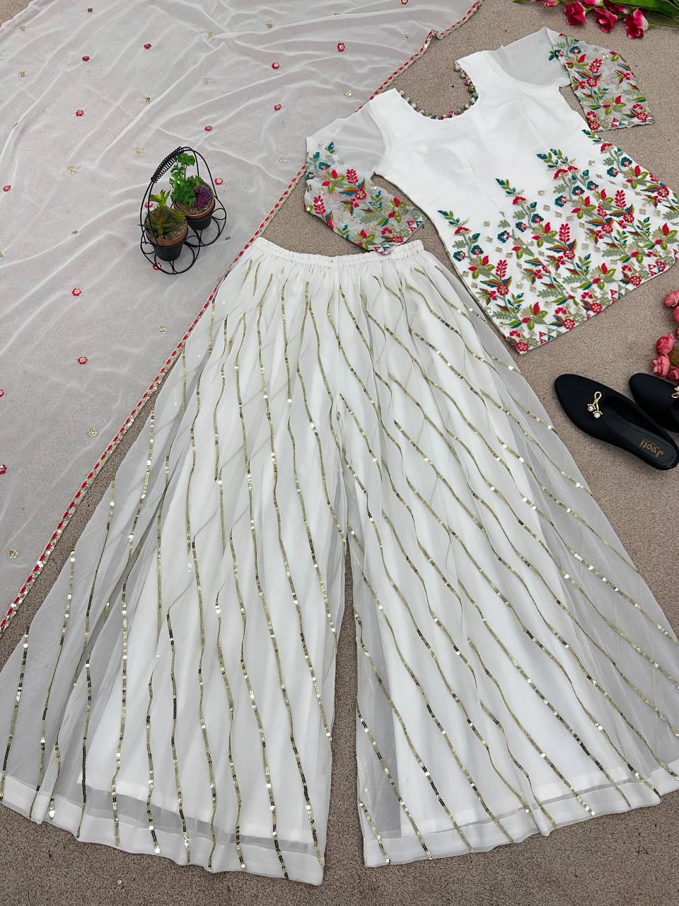 Fabulous Sequence Thread Work White Color Palazzo Suit