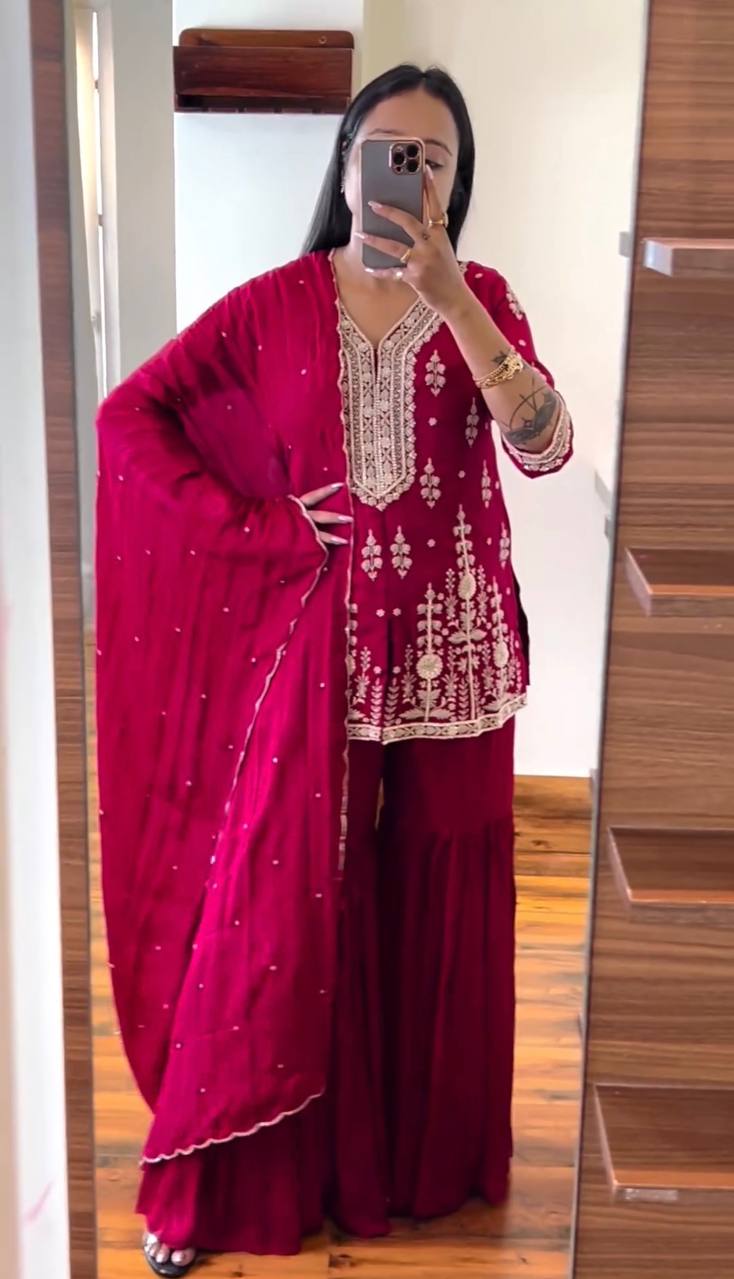 Awesome Embroidery Work Red Color Sharara Suit