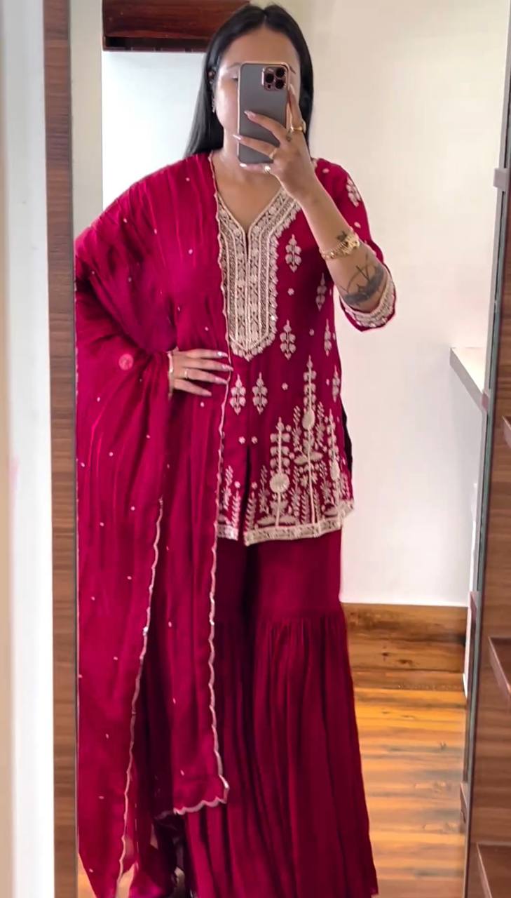 Awesome Embroidery Work Red Color Sharara Suit