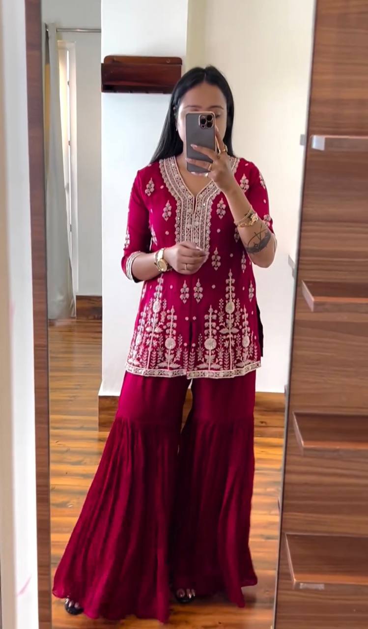 Awesome Embroidery Work Red Color Sharara Suit