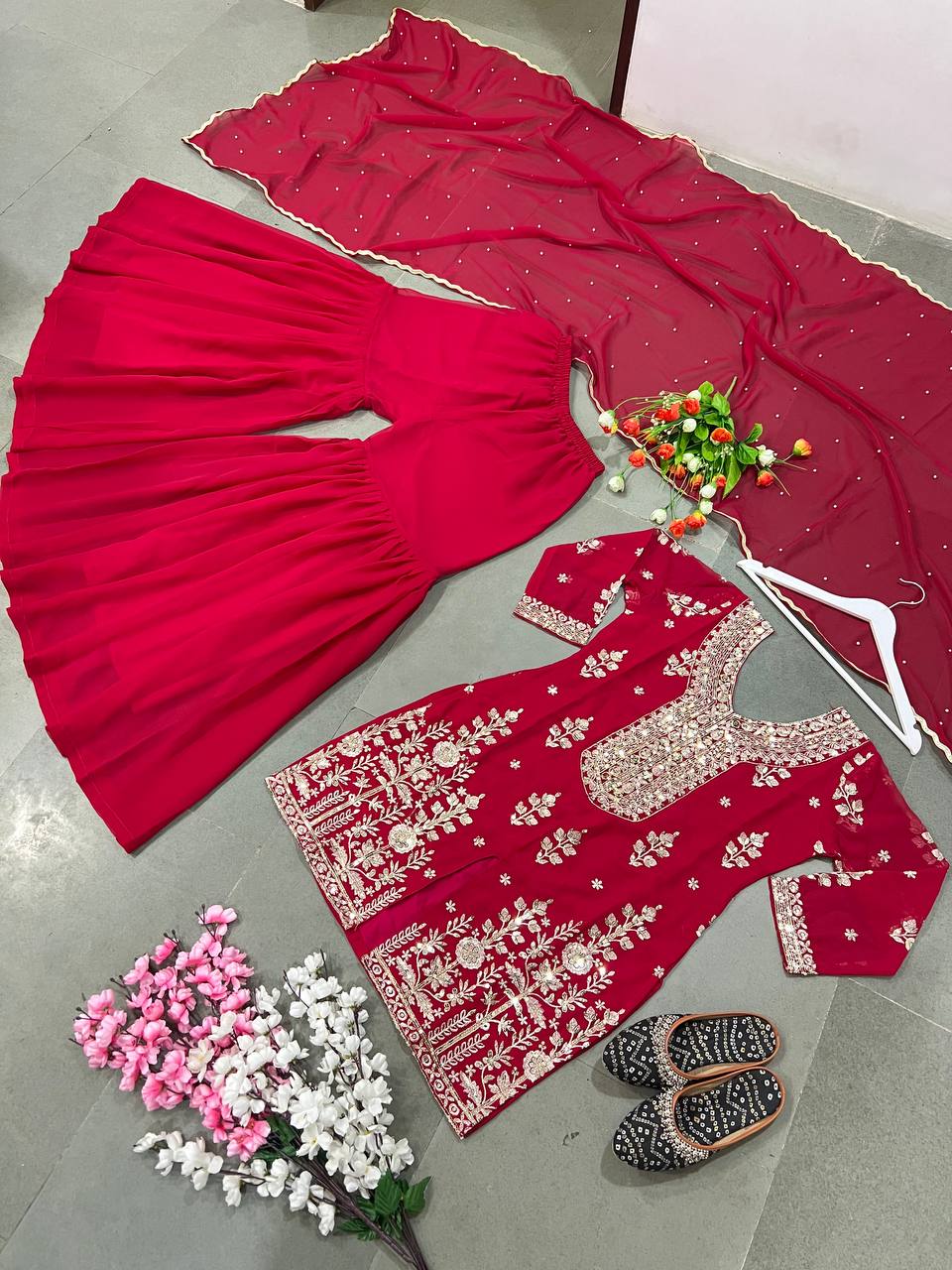 Awesome Embroidery Work Red Color Sharara Suit