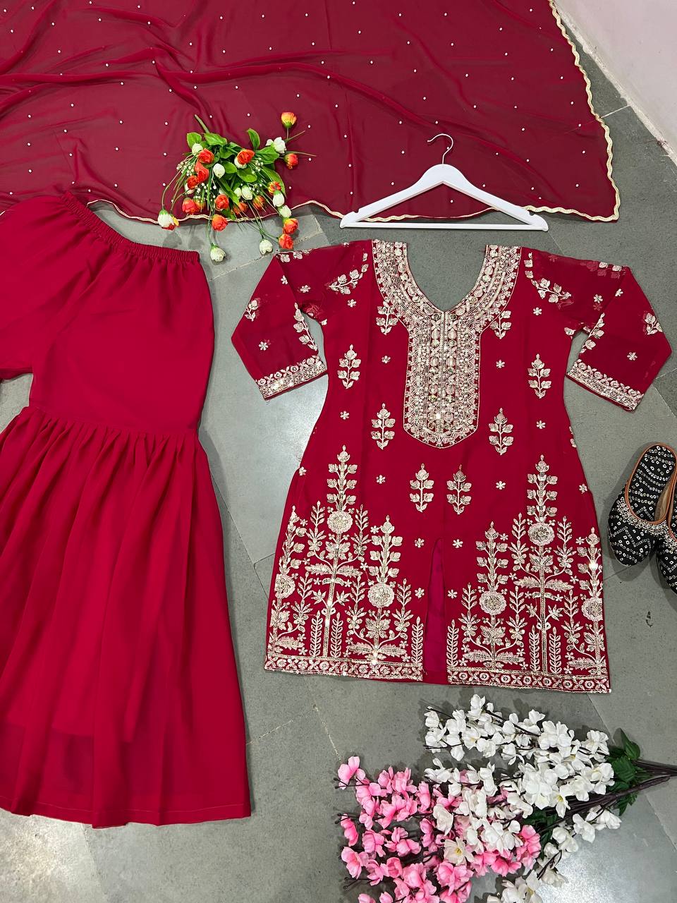 Awesome Embroidery Work Red Color Sharara Suit