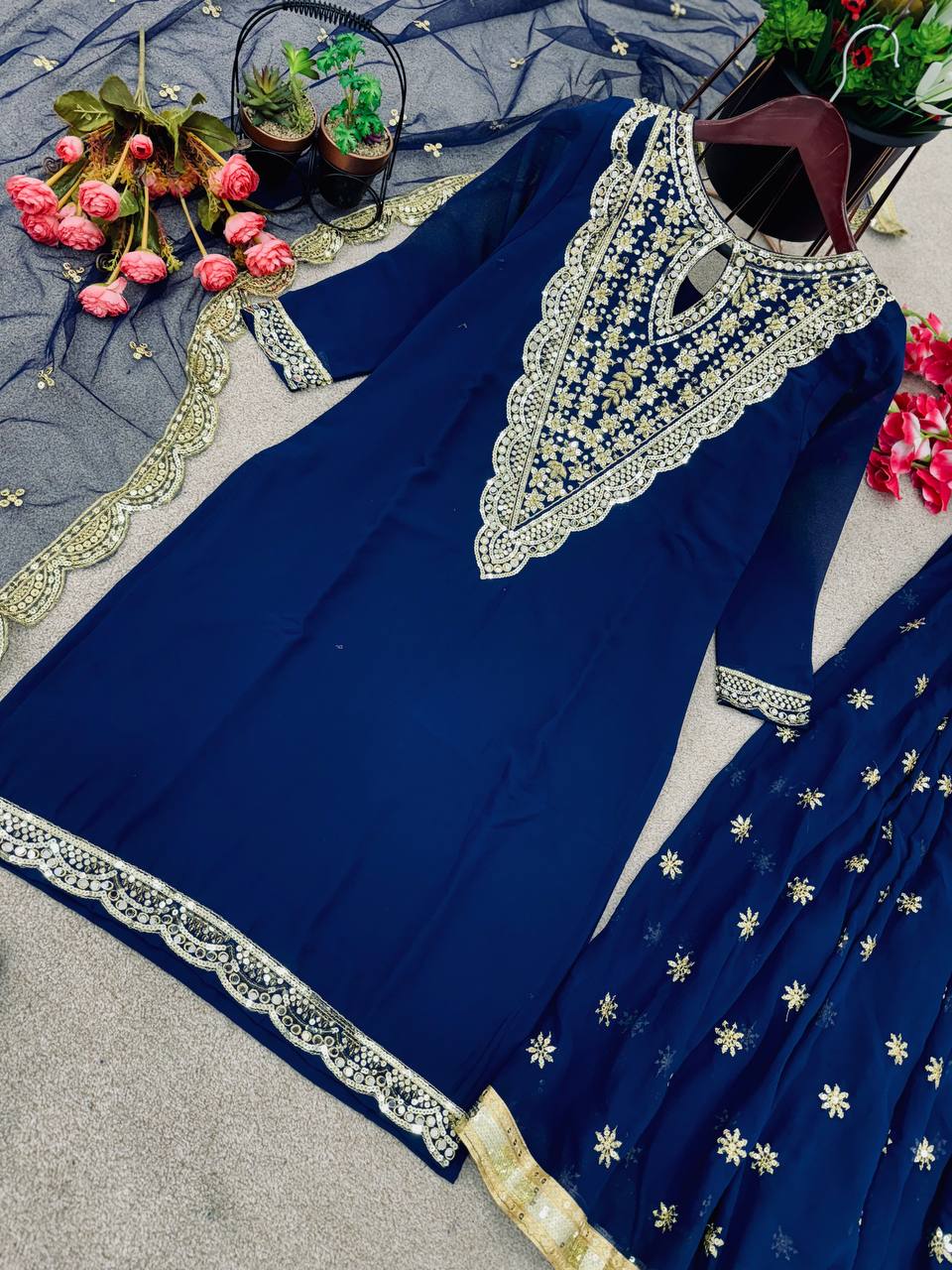 Fantastic Navy Blue Color Embroidery Work Sharara Suit