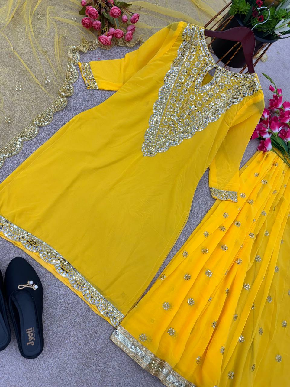 Fantastic Yellow Color Embroidery Work Sharara Suit