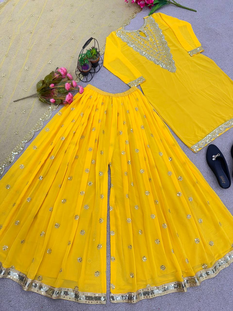 Fantastic Yellow Color Embroidery Work Sharara Suit