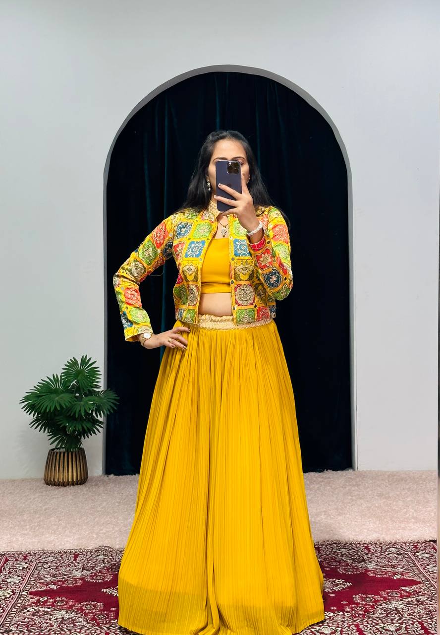 Exclusive Plated Yellow Lehenga Set With Jacket
