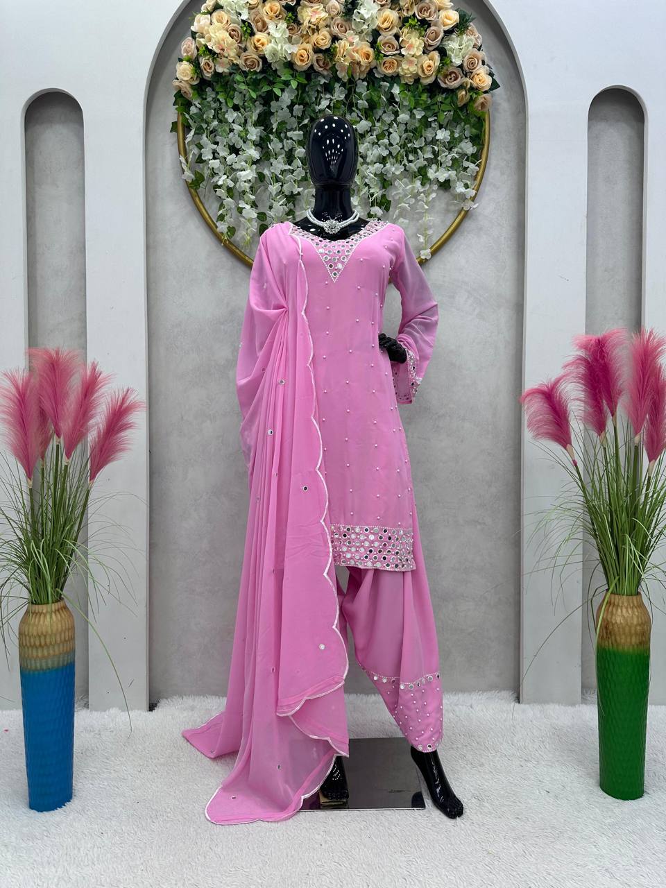 Terrific Light Pink Color Thread Moti Work Dhoti Suit