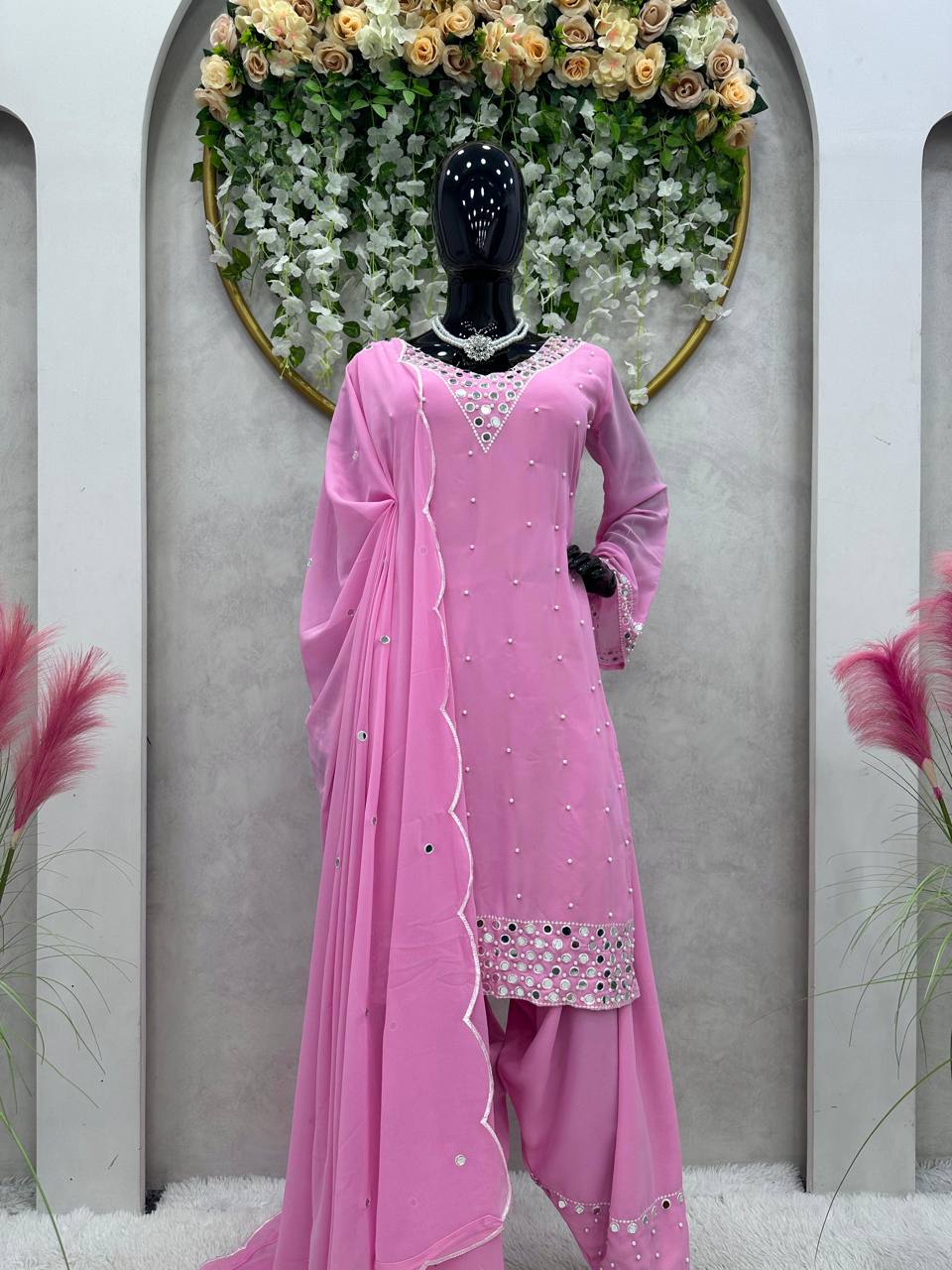 Terrific Light Pink Color Thread Moti Work Dhoti Suit