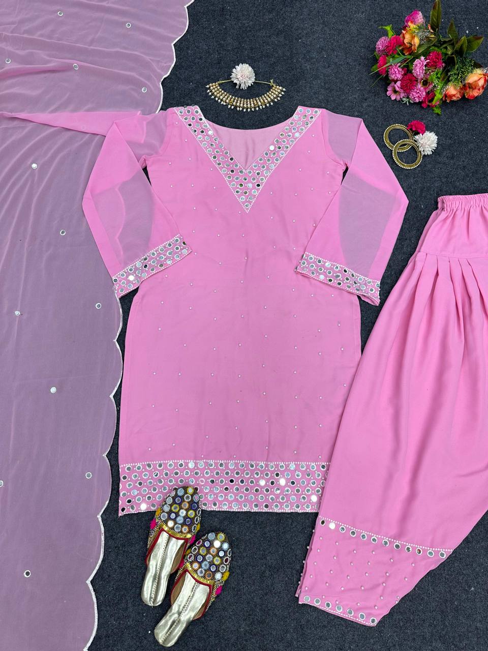 Terrific Light Pink Color Thread Moti Work Dhoti Suit