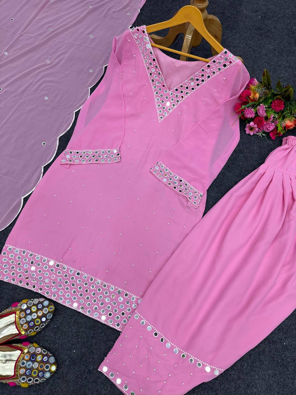 Terrific Light Pink Color Thread Moti Work Dhoti Suit