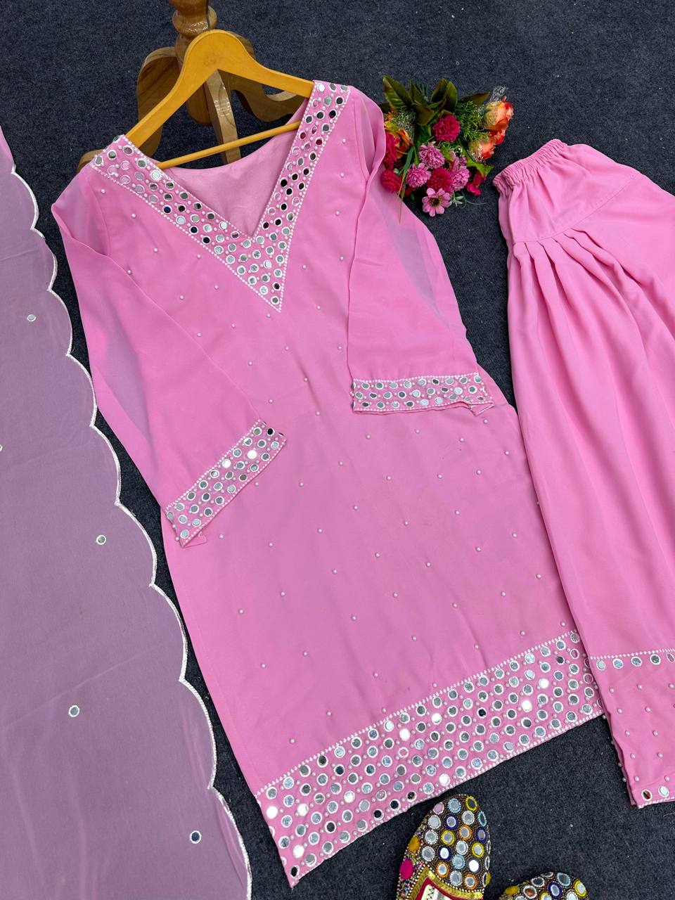 Terrific Light Pink Color Thread Moti Work Dhoti Suit