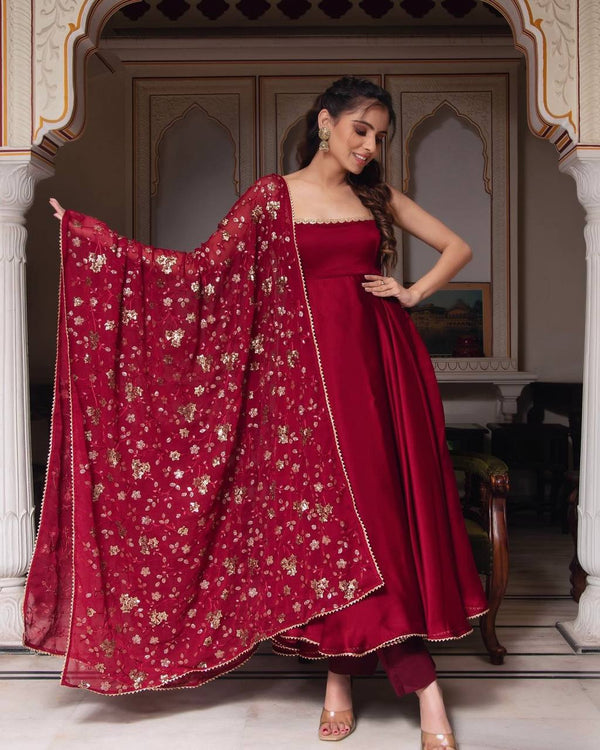 Designer Maroon Heavy Faux Georgette Anarkali Gown With Embroidery Sequence Work Dupatta