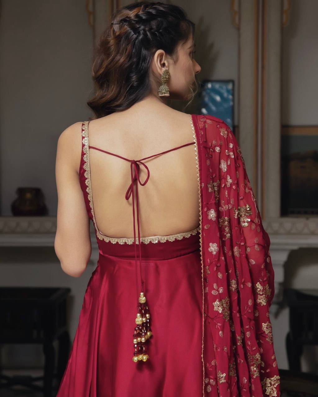 Designer Maroon Heavy Faux Georgette Anarkali Gown With Embroidery Sequence Work Dupatta