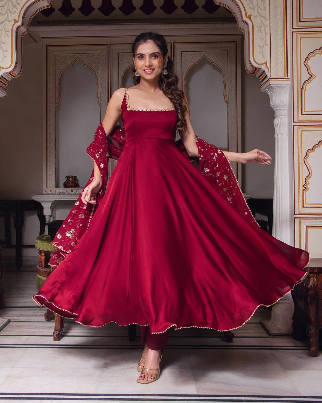 Designer Maroon Heavy Faux Georgette Anarkali Gown With Embroidery Sequence Work Dupatta