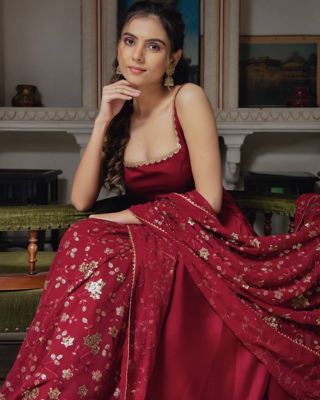Designer Maroon Heavy Faux Georgette Anarkali Gown With Embroidery Sequence Work Dupatta