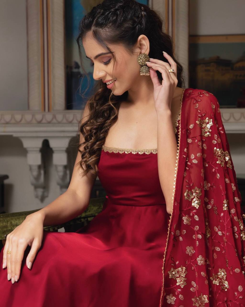 Designer Maroon Heavy Faux Georgette Anarkali Gown With Embroidery Sequence Work Dupatta