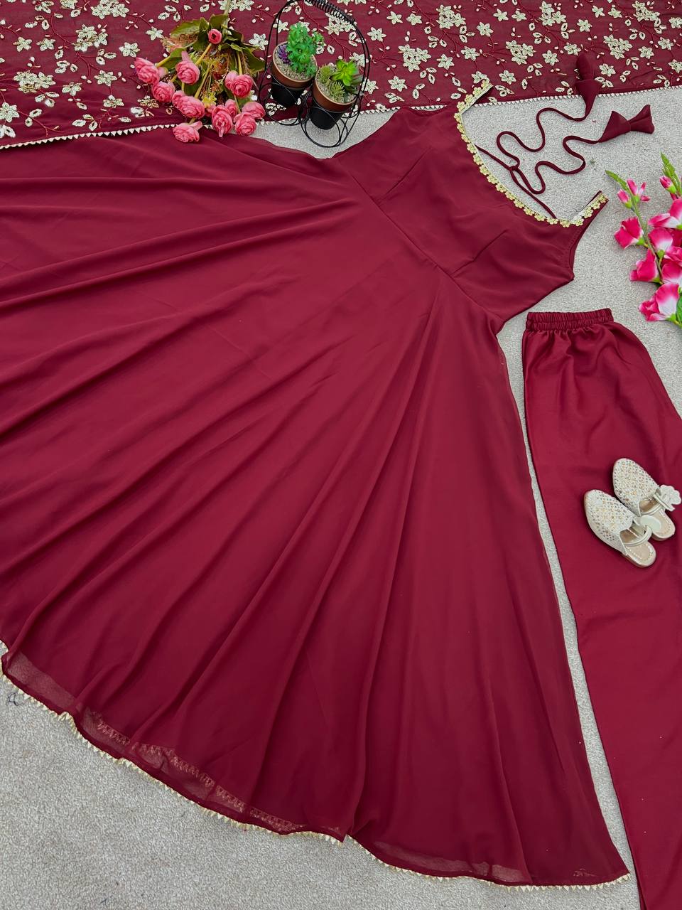 Designer Maroon Heavy Faux Georgette Anarkali Gown With Embroidery Sequence Work Dupatta
