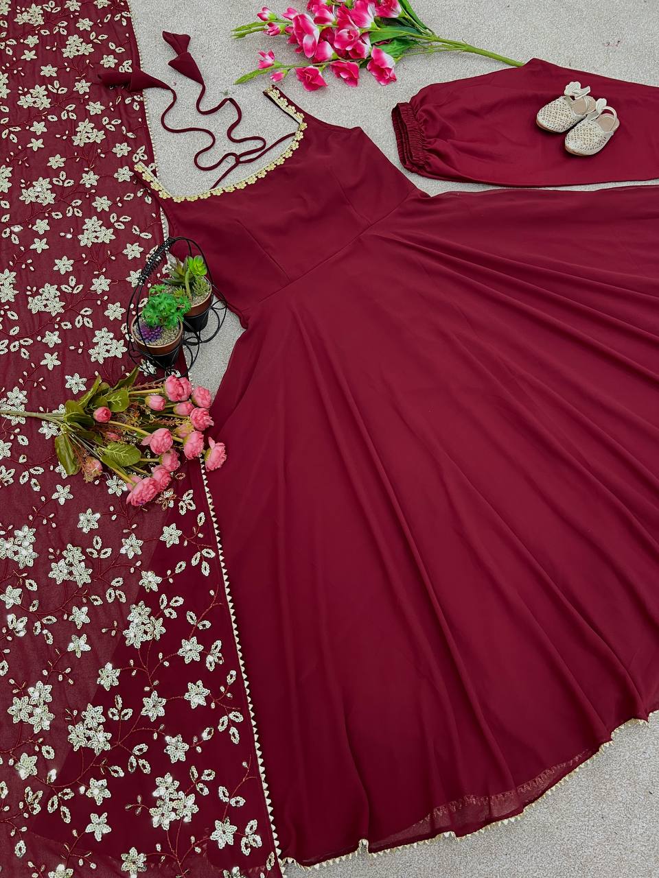Designer Maroon Heavy Faux Georgette Anarkali Gown With Embroidery Sequence Work Dupatta