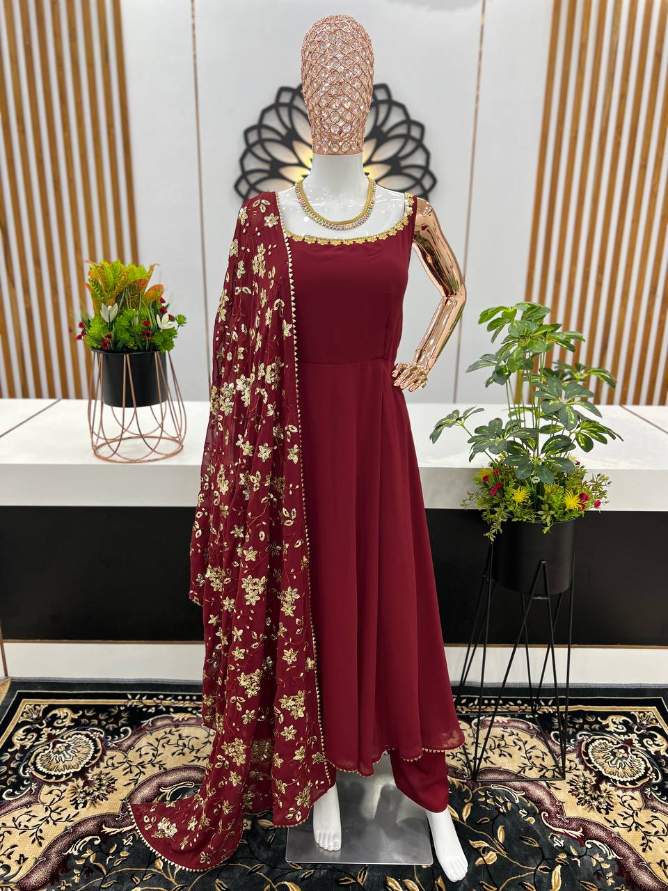 Designer Maroon Heavy Faux Georgette Anarkali Gown With Embroidery Sequence Work Dupatta