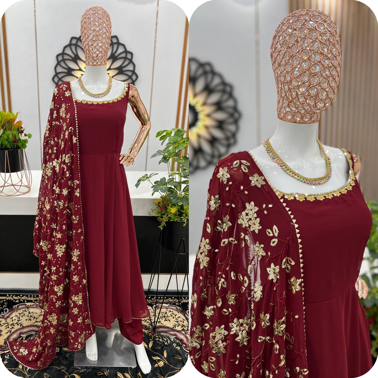 Designer Maroon Heavy Faux Georgette Anarkali Gown With Embroidery Sequence Work Dupatta