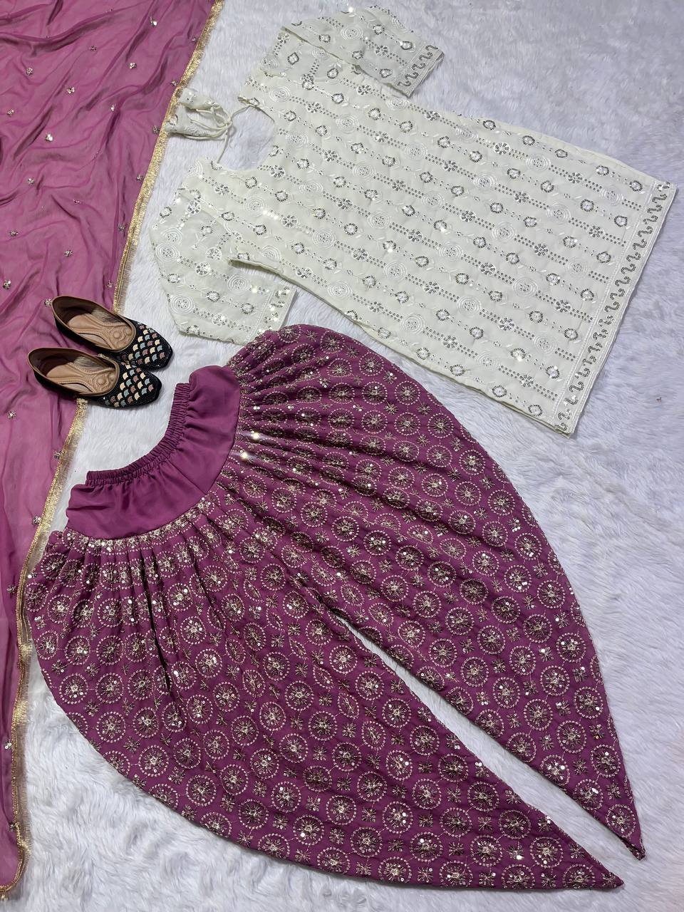 Eyes Catching White Top With Dusty Pink Dhoti