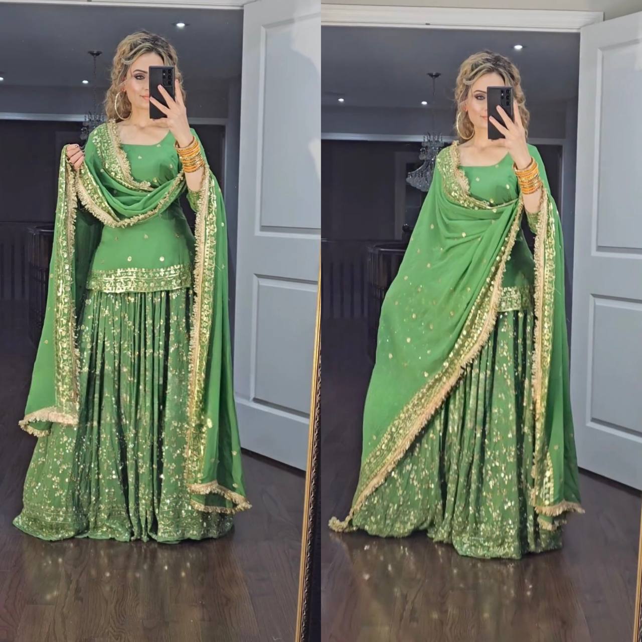 Awesome Green Embroidery Sequence Work Top With Lehenga