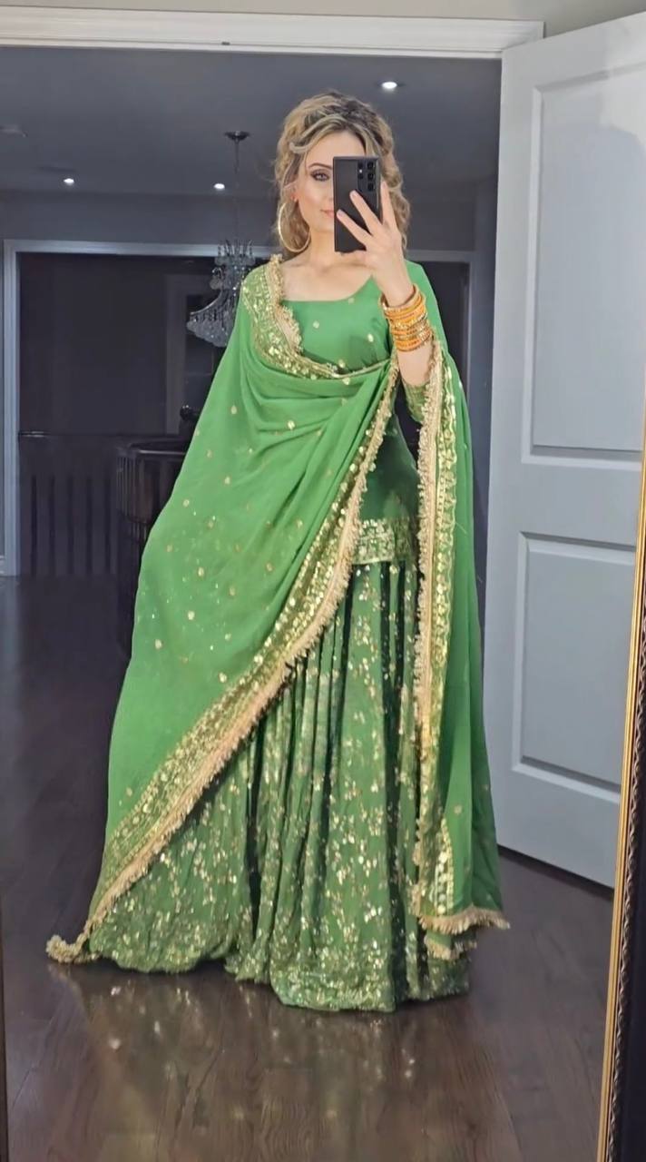 Awesome Green Embroidery Sequence Work Top With Lehenga