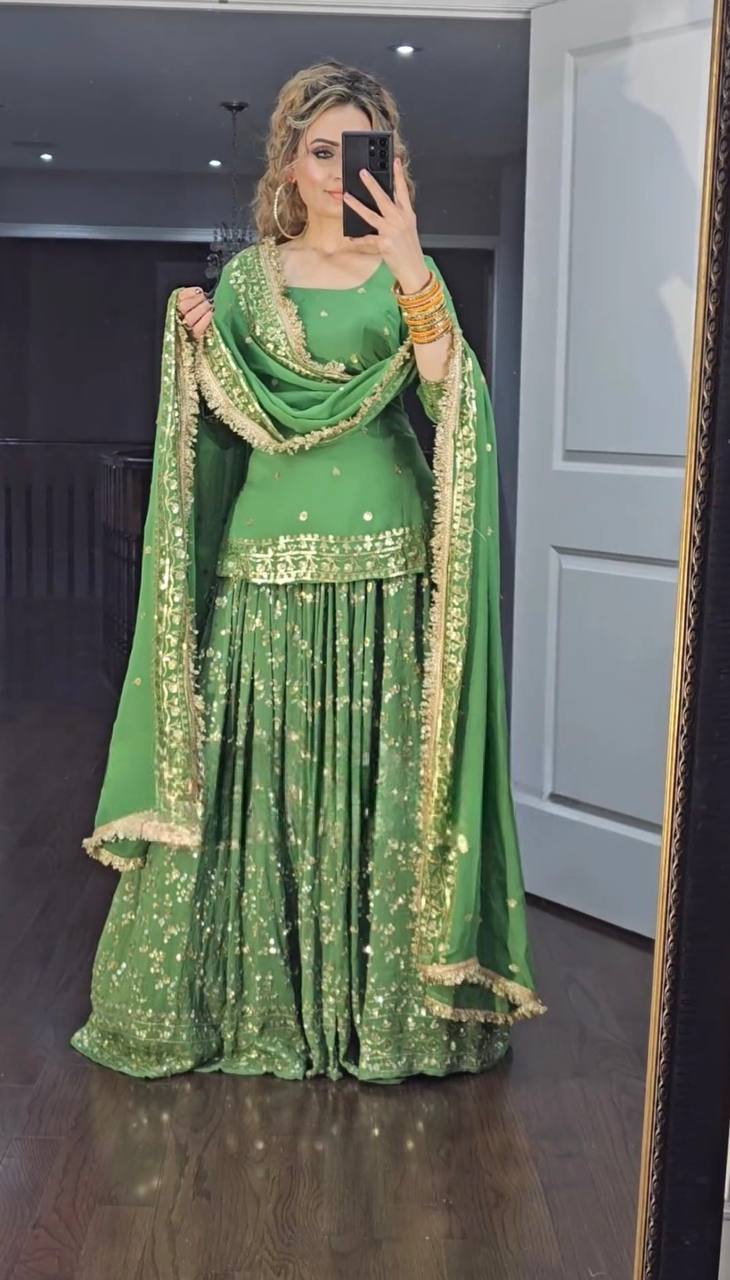 Awesome Green Embroidery Sequence Work Top With Lehenga