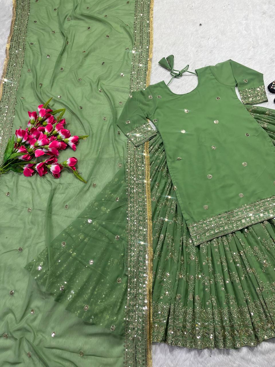 Awesome Green Embroidery Sequence Work Top With Lehenga