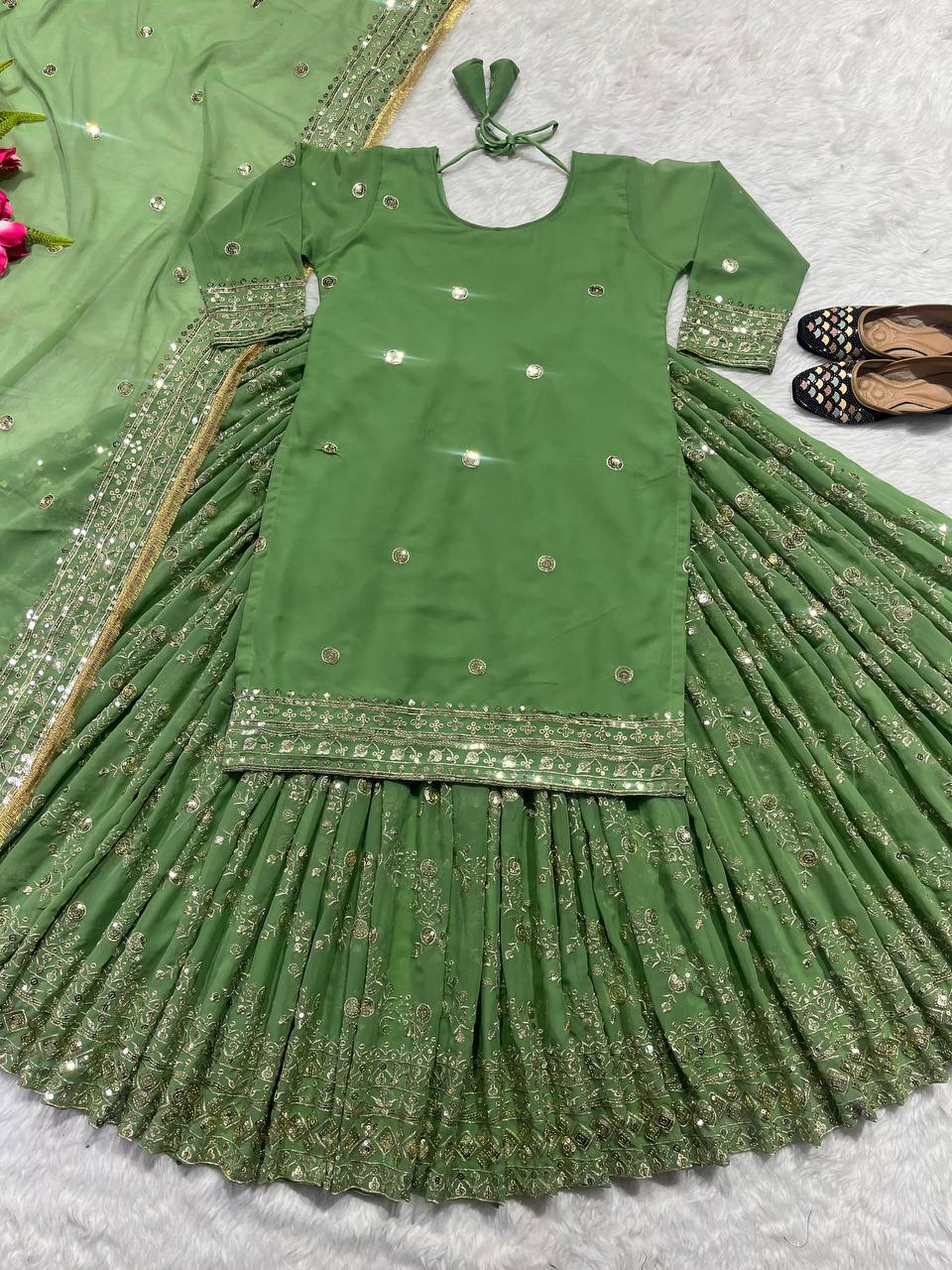 Awesome Green Embroidery Sequence Work Top With Lehenga