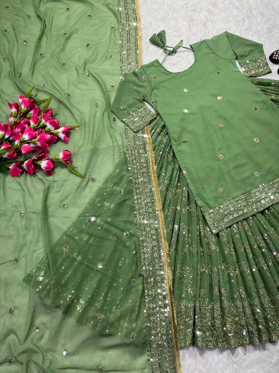 Awesome Green Embroidery Sequence Work Top With Lehenga