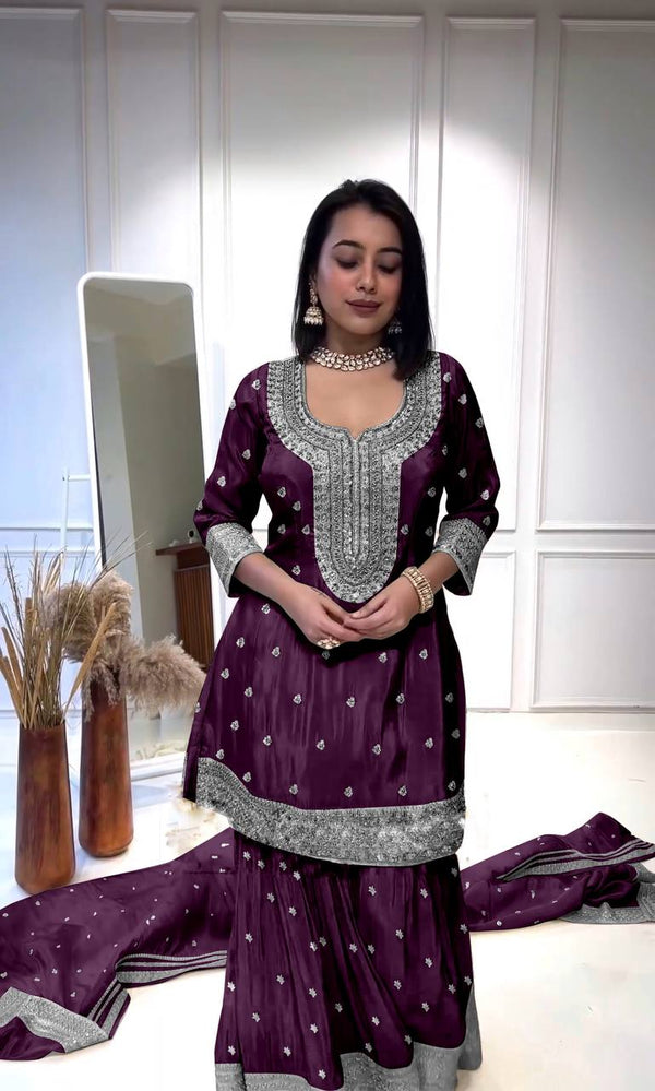 Exclusive Embroidery Work Purple Color Sharara Suit