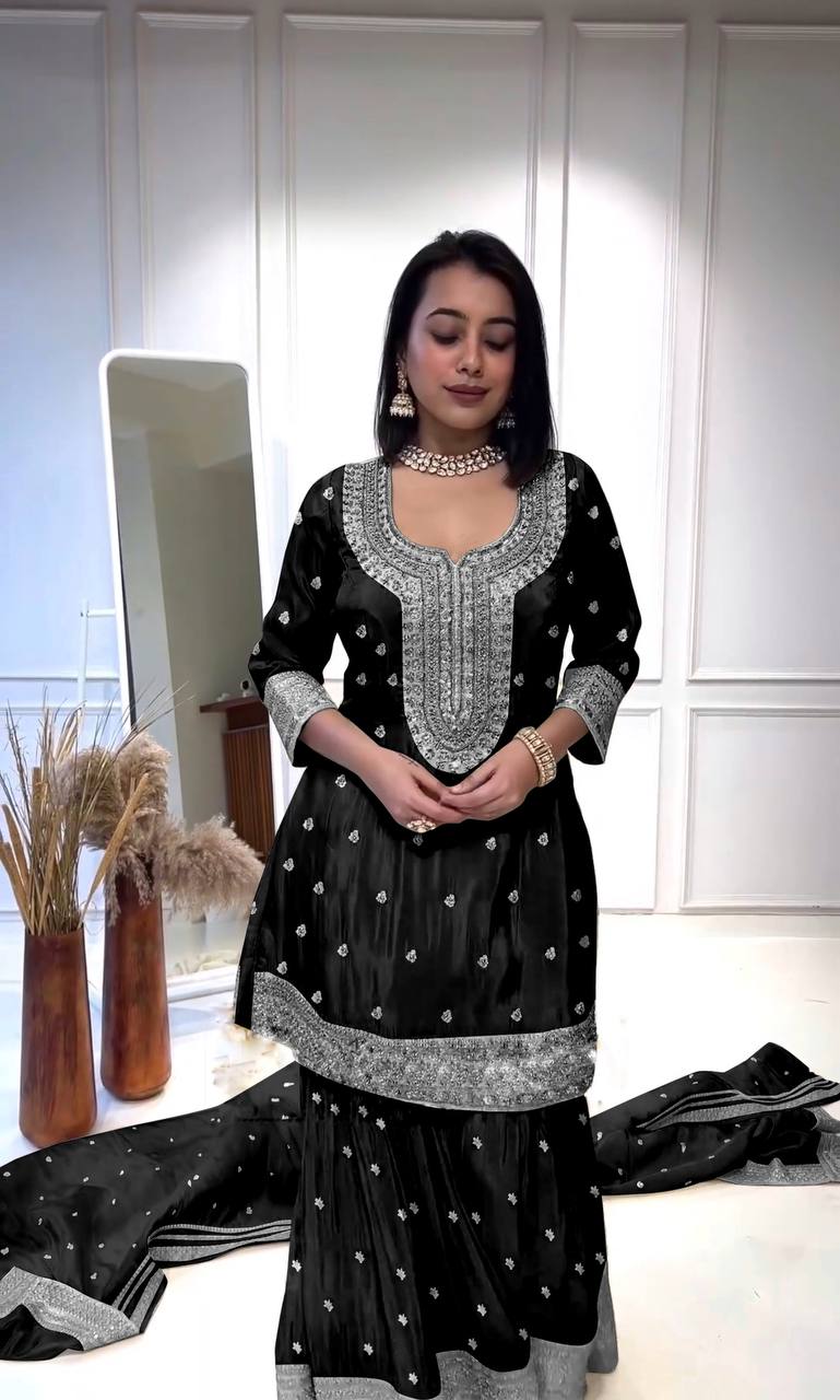 Exclusive Embroidery Work Black Color Sharara Suit