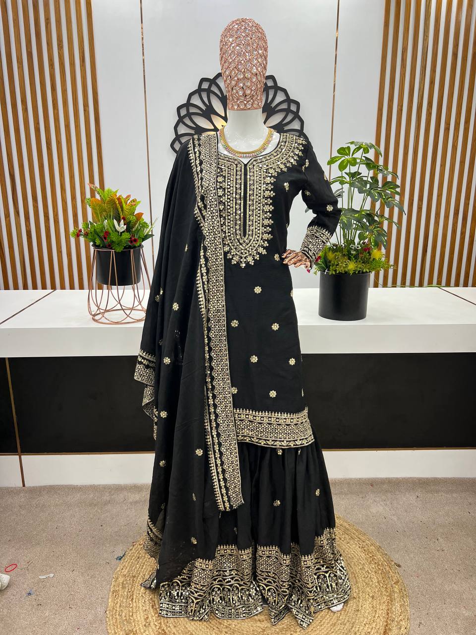 Exclusive Embroidery Work Black Color Sharara Suit