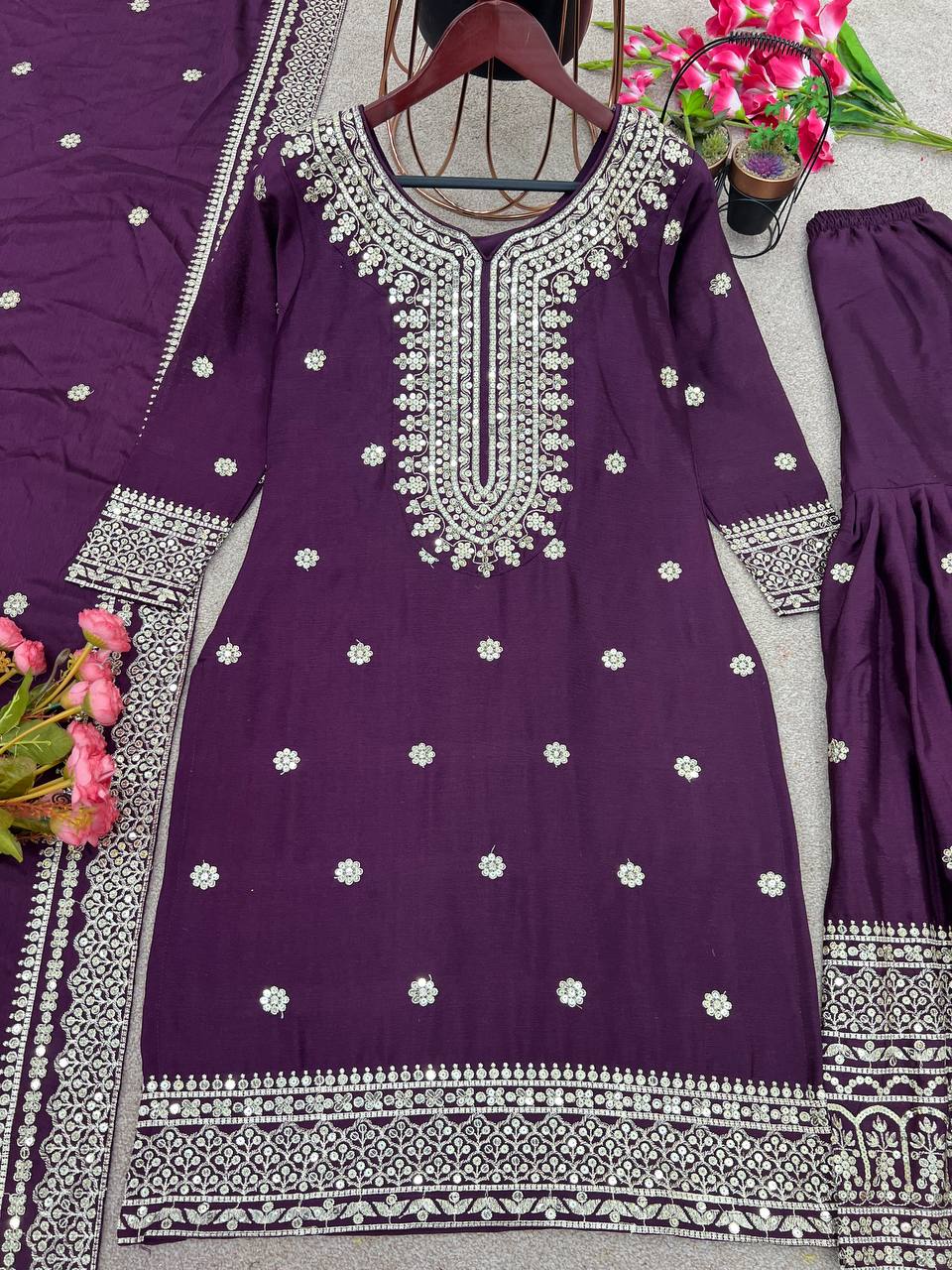 Exclusive Embroidery Work Purple Color Sharara Suit