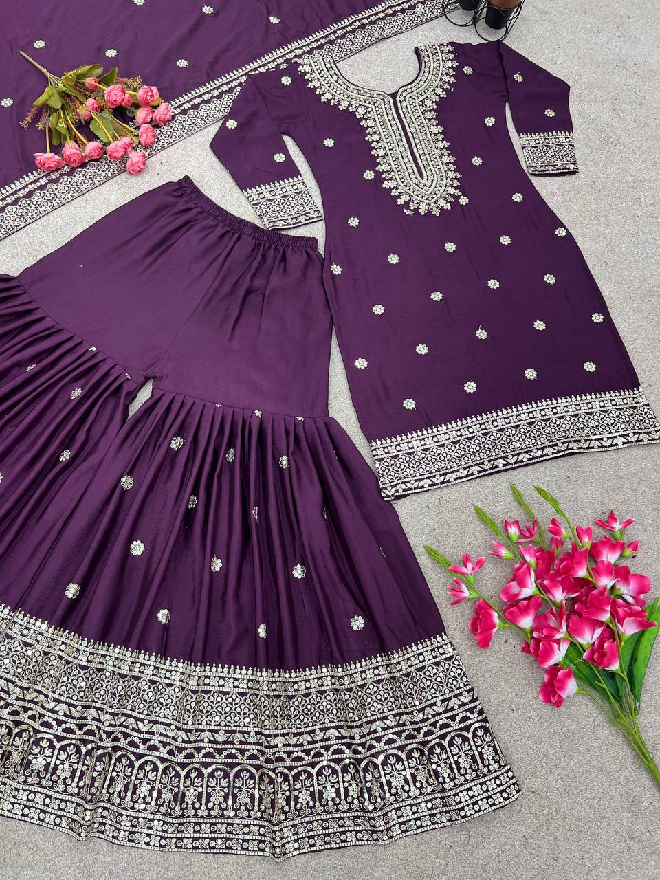 Exclusive Embroidery Work Purple Color Sharara Suit